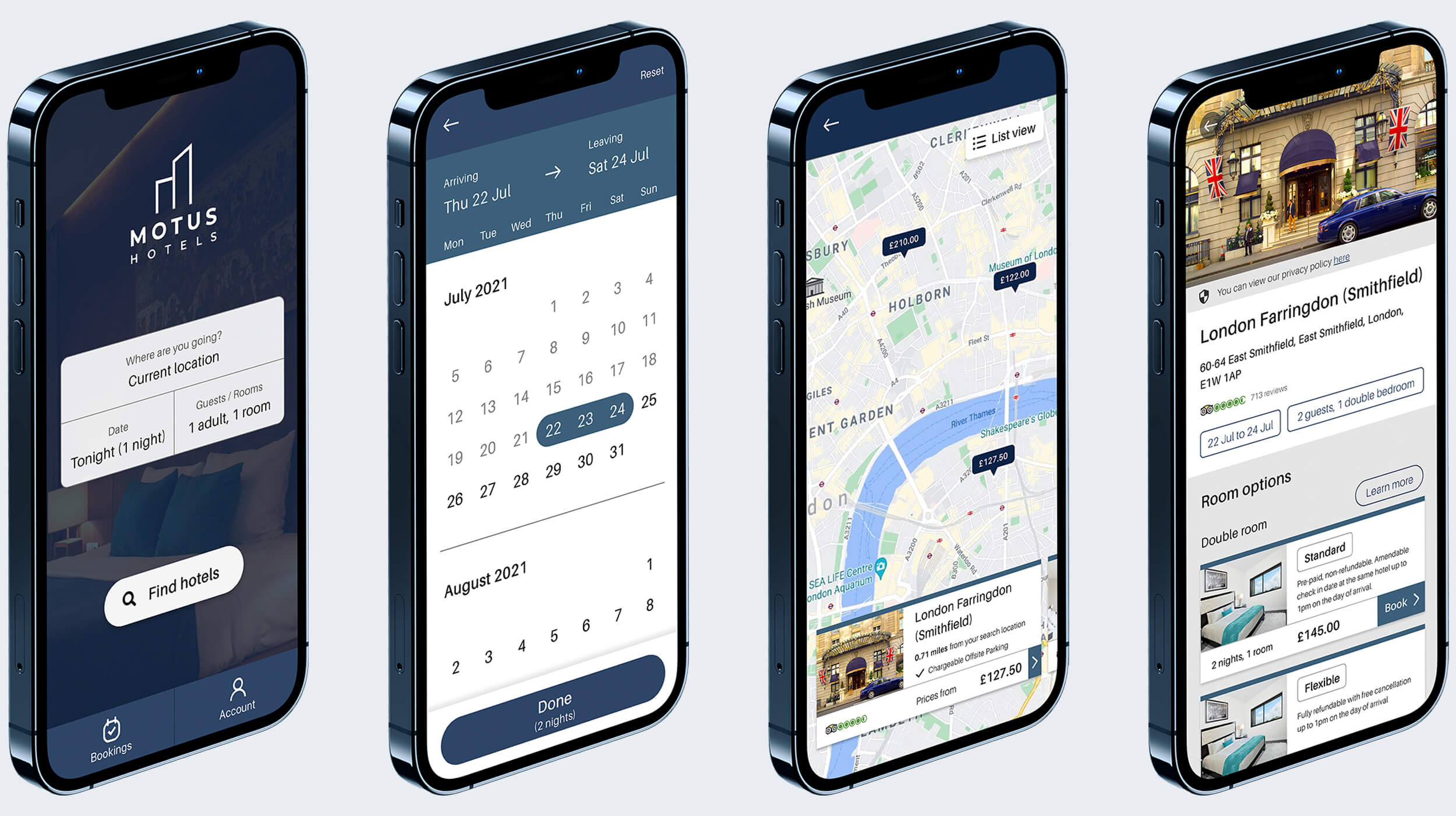 Motus Hotels app screens